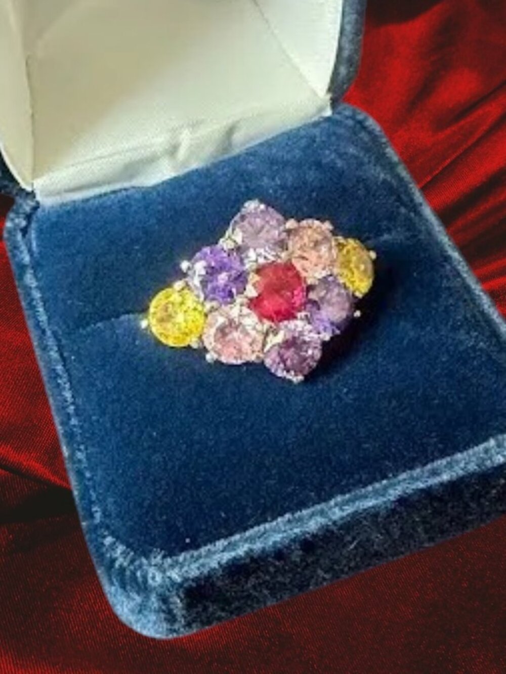 Vintage Rhodium Plated Silver Tone Cocktail Ring SZ 7 Multicolor Stones Maximali